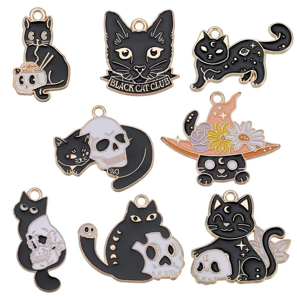 5455 32PCS 8 STYLES Black Cat Charms Bulk Halloween Gothic Scary Skull Goth